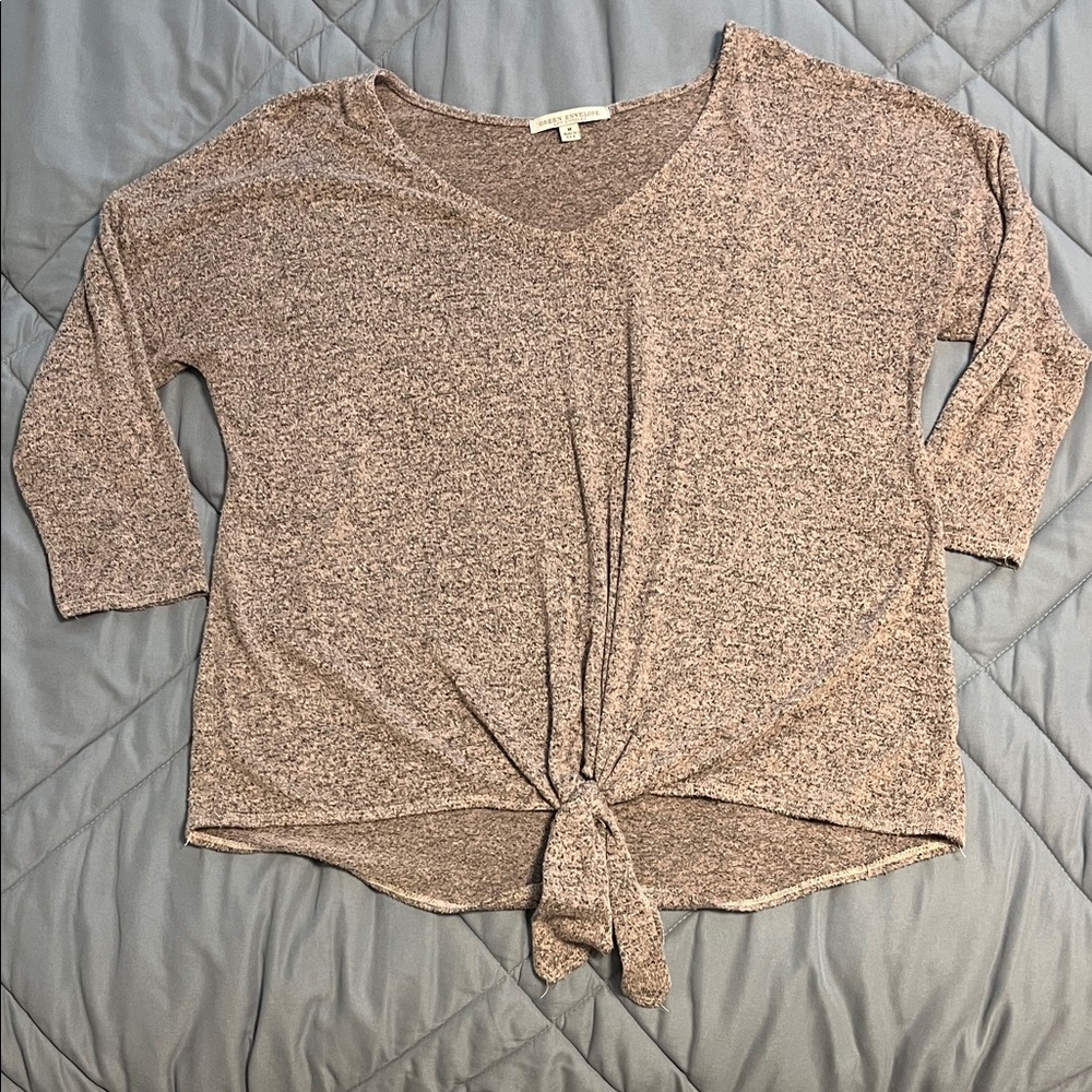 Green Envelope V-Neck Tie-Front Three Quarter Sleeve Top - Brown
